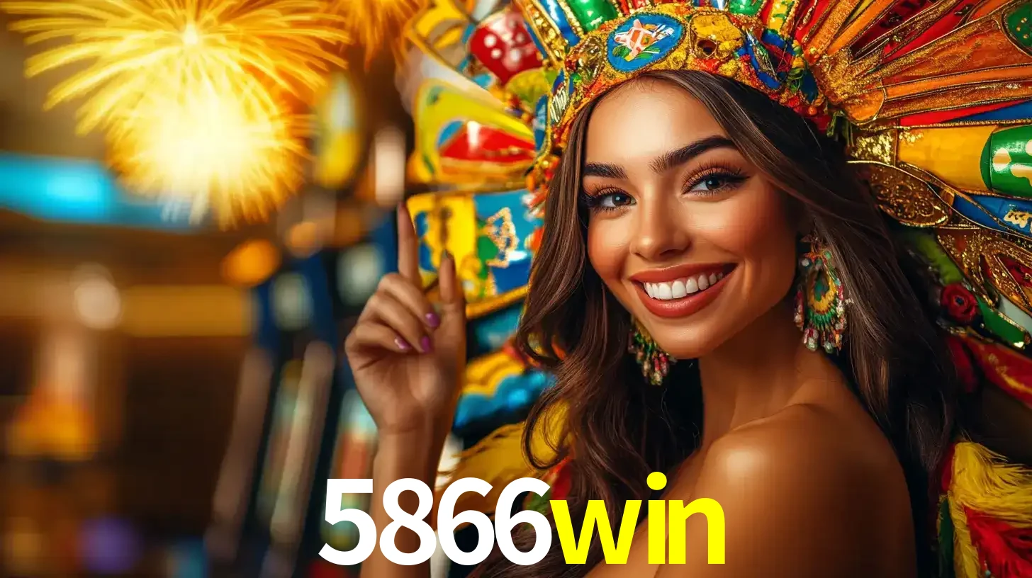 Mulher sorridente com um cocar de carnaval vibrante e colorido, celebrando uma grande vitória nos jogos do cassino 5866win com fogos de artifício ao fundo.