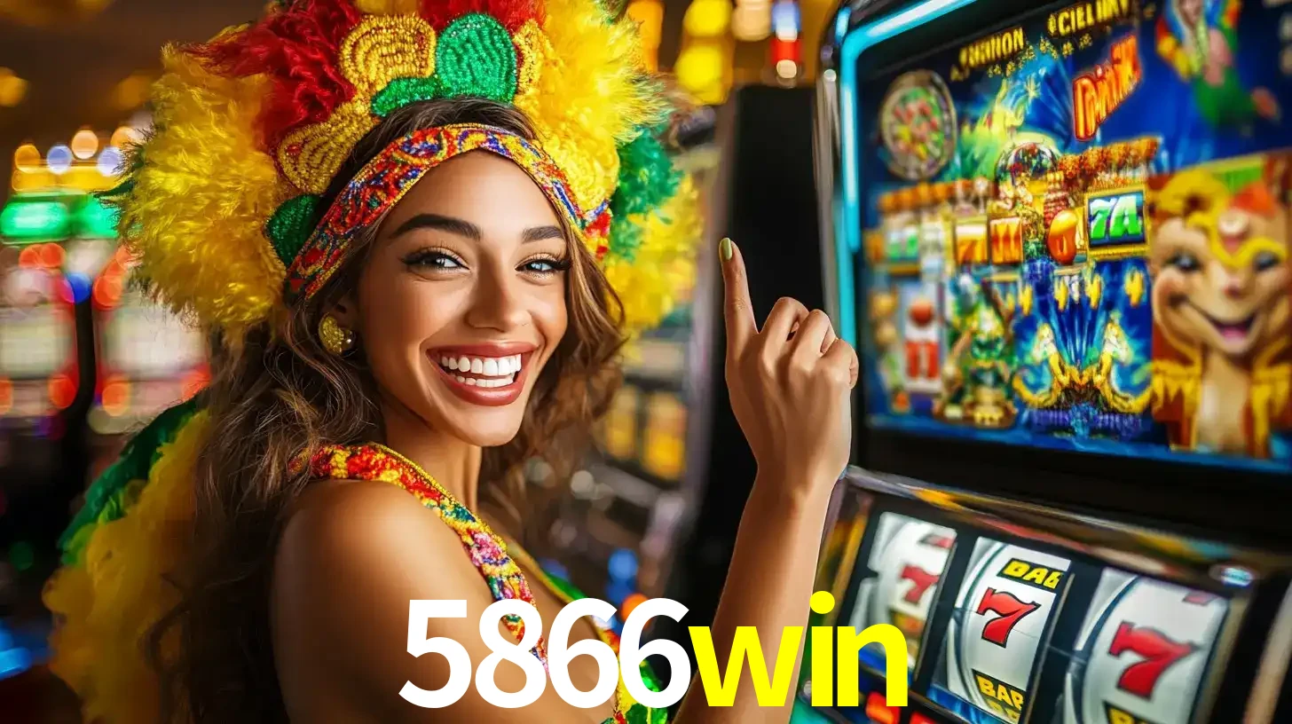 Mulher animada com um cocar de carnaval apontando para uma máquina de caça-níqueis, mostrando a emoção de ganhar um grande prêmio nos jogos do 5866win.