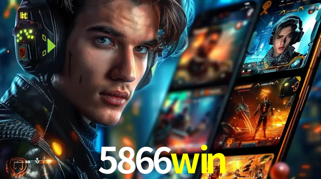 Jovem jogador com fones de ouvido olhando para a câmera, com um aplicativo de jogos e e-sports para celular ao fundo, pronto para a competição e apostas no 5866win.