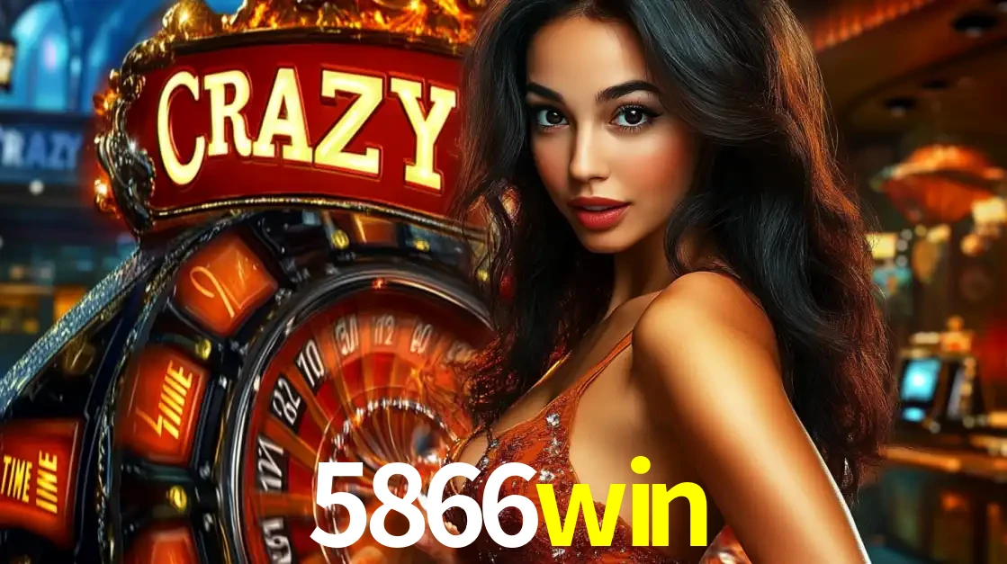 Mulher glamourosa olhando para a câmera com a roda vermelha do Crazy Time ao fundo em um ambiente de cassino, destacando a emoção dos jogos ao vivo no 5866win.