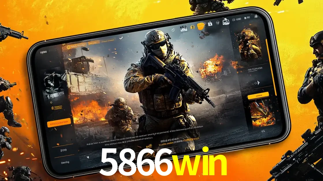 Um smartphone exibindo a interface de um jogo de tiro em primeira pessoa, com um soldado em um cenário de batalha, representando a ação dos e-sports para apostar no 5866win.
