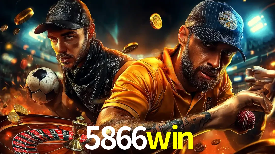 Montagem de apostas esportivas e cassino no 5866win, com um homem segurando uma bola de futebol e outro uma de beisebol sobre uma roleta e moedas voadoras.