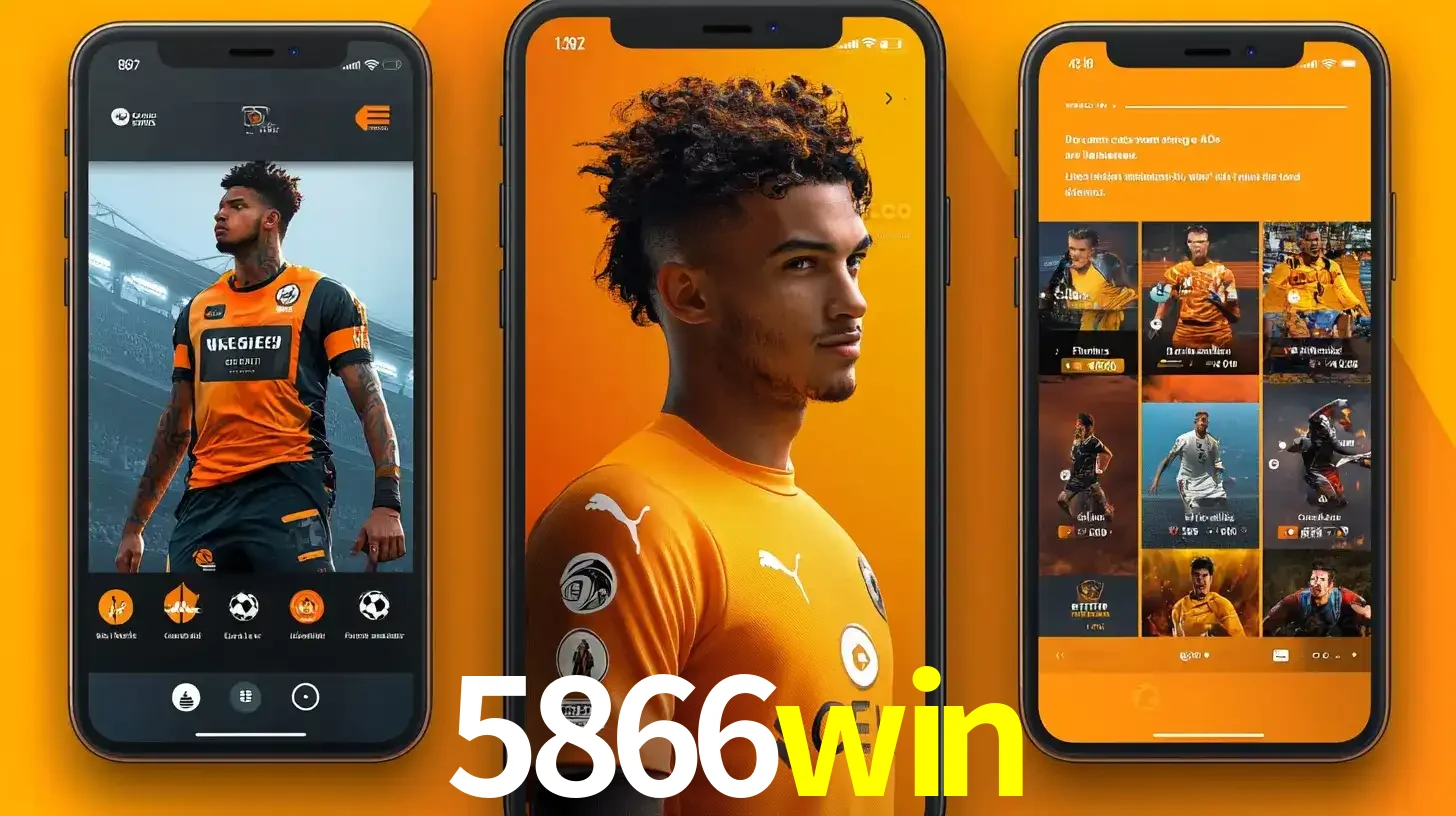 Interface do aplicativo de apostas esportivas 5866win em três telas de celular, mostrando o perfil de um jogador de futebol e a lista de jogos disponíveis para apostar.