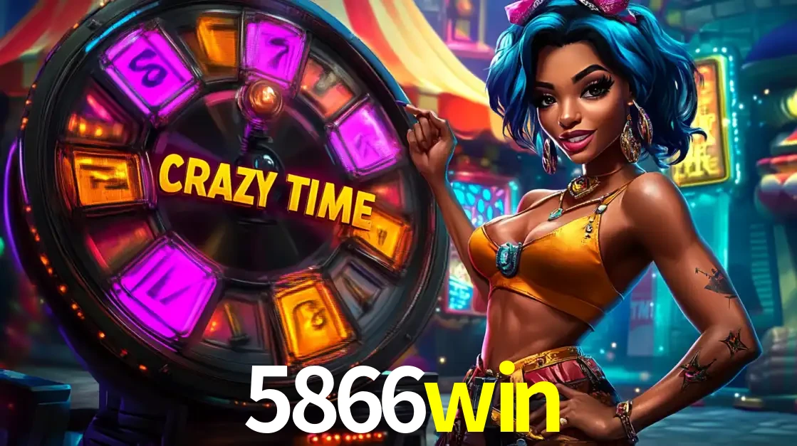 Mulher estilizada com cabelo azul e visual vibrante posando ao lado da roda de prêmios do game show Crazy Time, convidando para a diversão e os bônus do cassino 5866win.