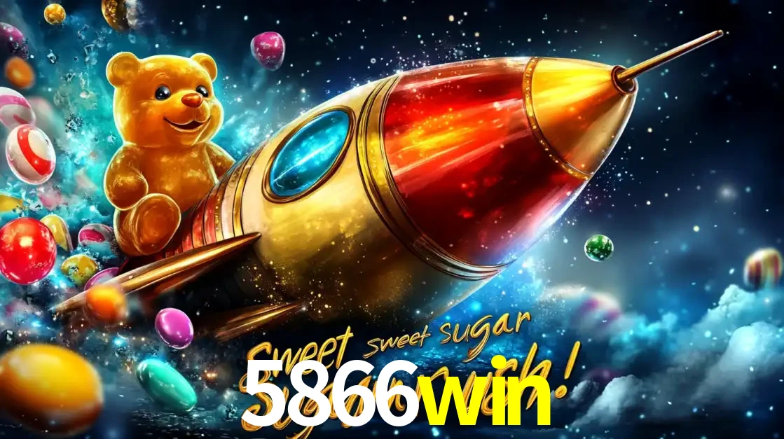 Arte promocional do jogo de slot Sugar Rush, com um urso de pelúcia em um foguete viajando pelo espaço de doces, um dos jogos divertidos disponíveis no cassino 5866win.