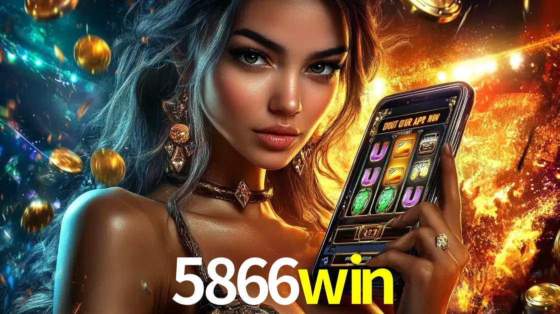 Mulher elegante mostrando um jogo de caça-níqueis em seu smartphone, destacando a experiência de cassino móvel oferecida pelo aplicativo 5866win.