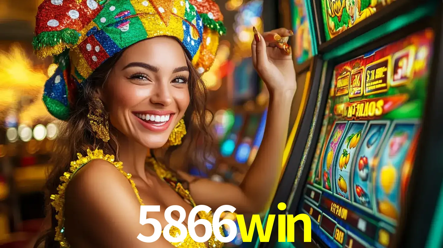 Mulher feliz com traje de carnaval amarelo e colorido ao lado de uma máquina de caça-níqueis, aproveitando a diversão e os jogos temáticos do cassino 5866win.