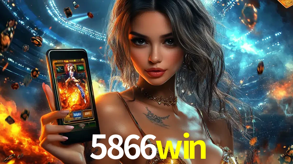 Mulher segurando um celular com um jogo de slot em destaque, tendo como fundo um estádio vibrante, simbolizando a emoção de jogar no cassino móvel 5866win.