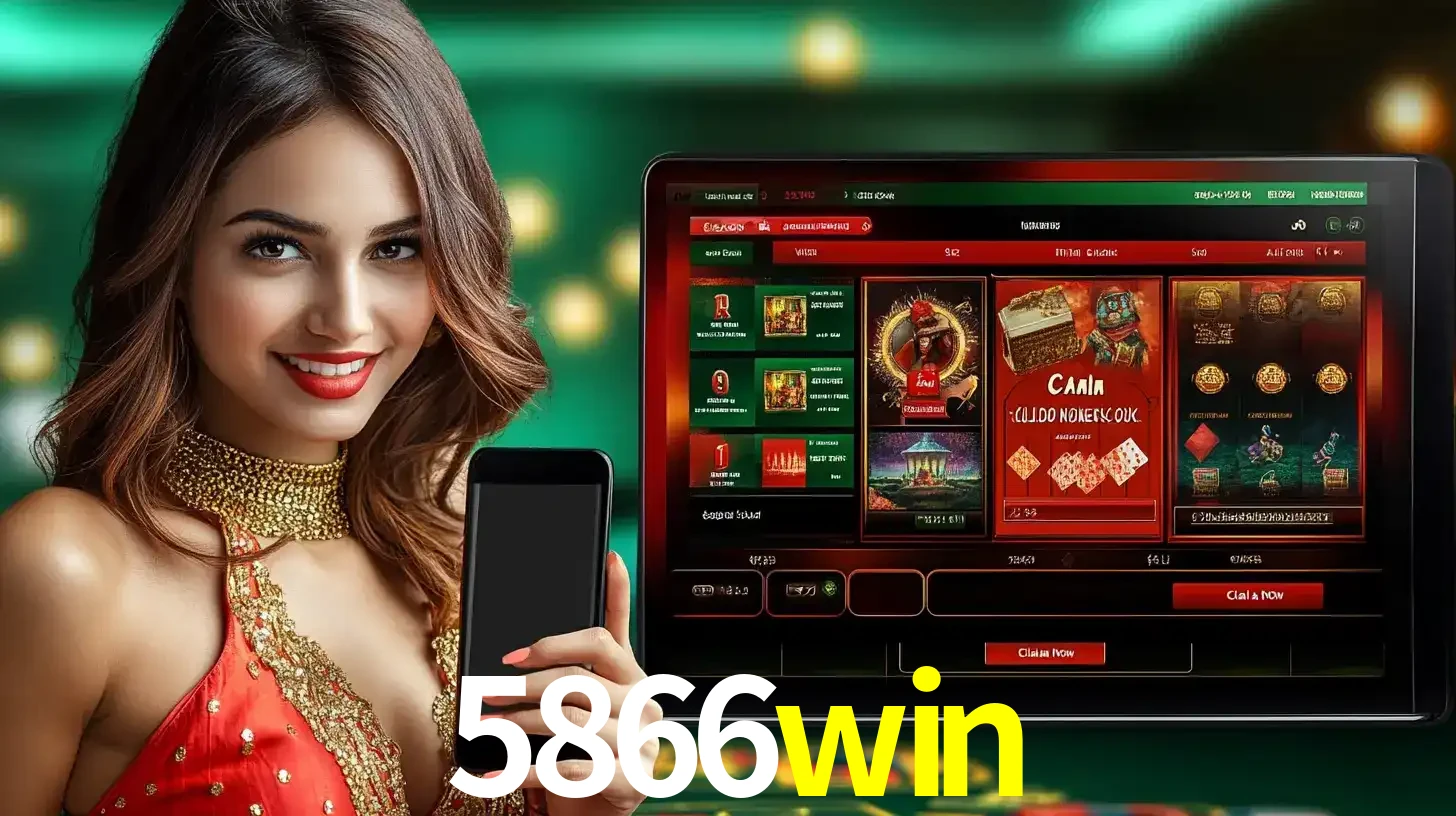 Mulher sorridente segurando um smartphone, ao lado de uma tela exibindo o lobby de jogos do cassino online 5866win, com várias opções de jogos de cartas e slots.